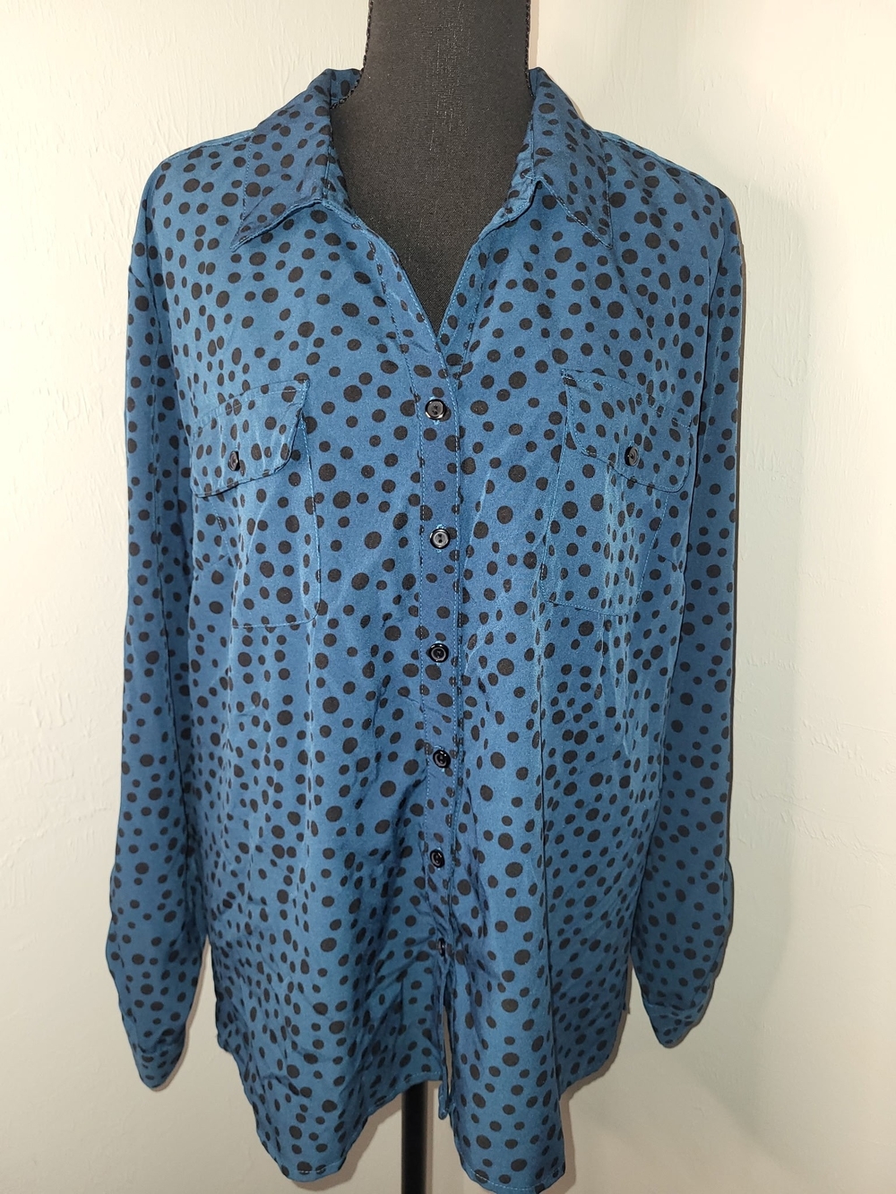 Notations Blue and Black Polka Dot Button-Front Blouse